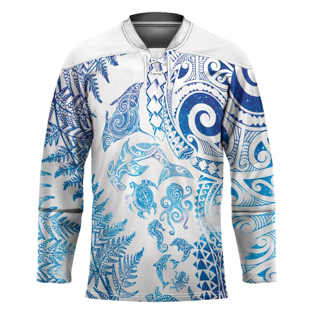 New Zealand Sea Animals Hockey Jersey with Maori Koru Tribal Tattoo and Silver Ferns Galaxy Style