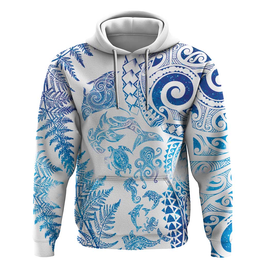 New Zealand Sea Animals Hoodie with Maori Koru Tribal Tattoo and Silver Ferns Galaxy Style