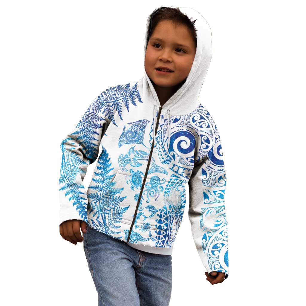 New Zealand Sea Animals Kid Hoodie with Maori Koru Tribal Tattoo and Silver Ferns Galaxy Style
