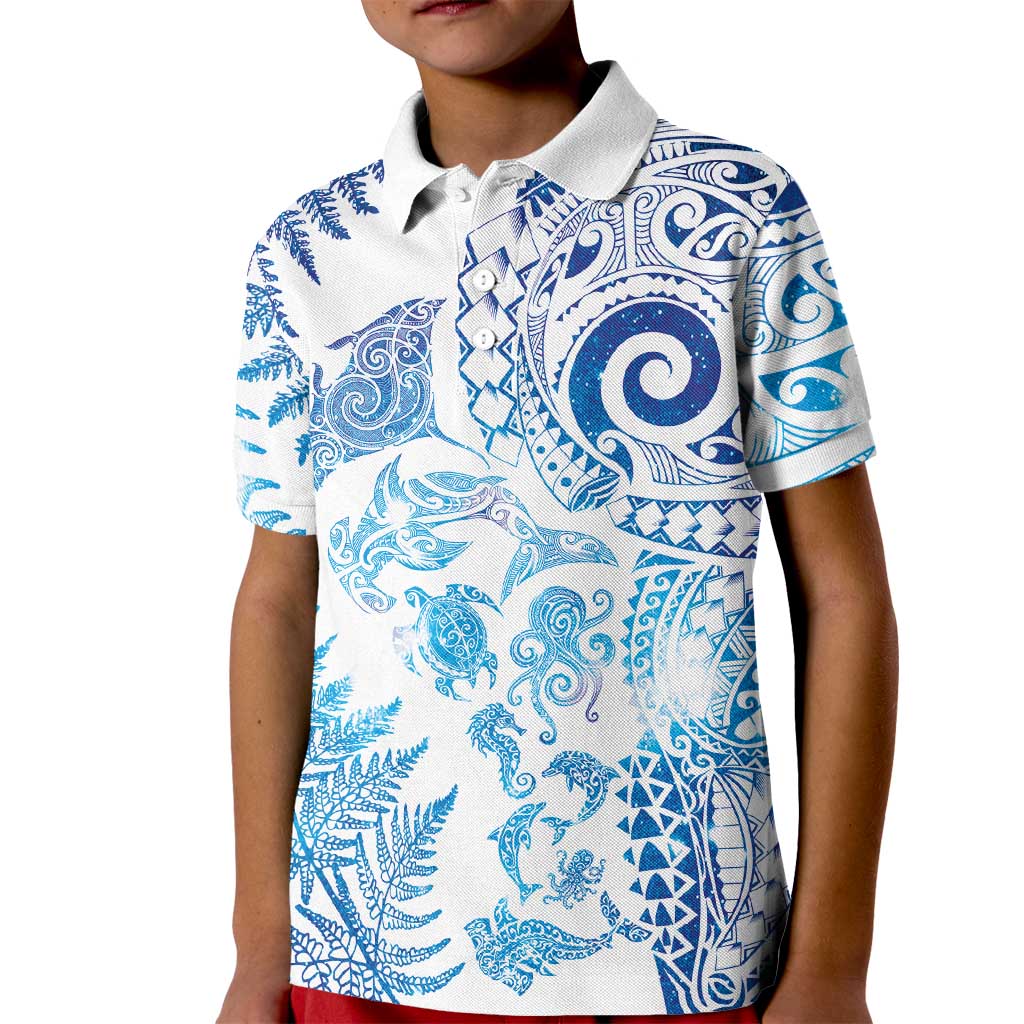 New Zealand Sea Animals Kid Polo Shirt with Maori Koru Tribal Tattoo and Silver Ferns Galaxy Style