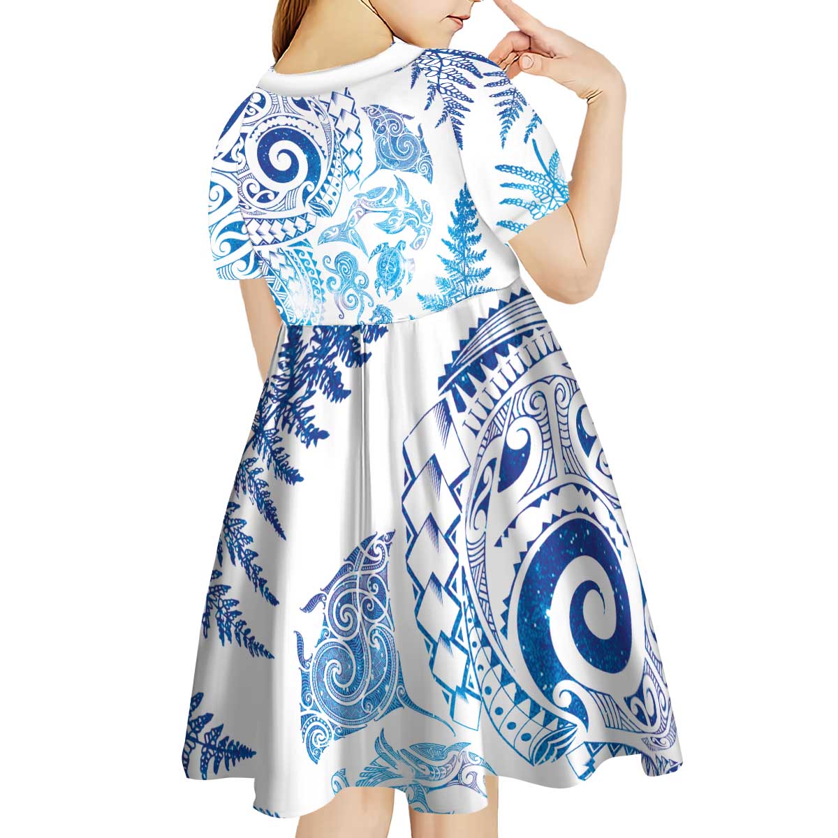 New Zealand Sea Animals Kid Short Sleeve Dress with Maori Koru Tribal Tattoo and Silver Ferns Galaxy Style