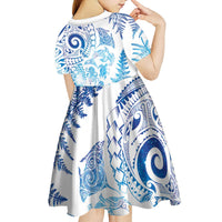 New Zealand Sea Animals Kid Short Sleeve Dress with Maori Koru Tribal Tattoo and Silver Ferns Galaxy Style