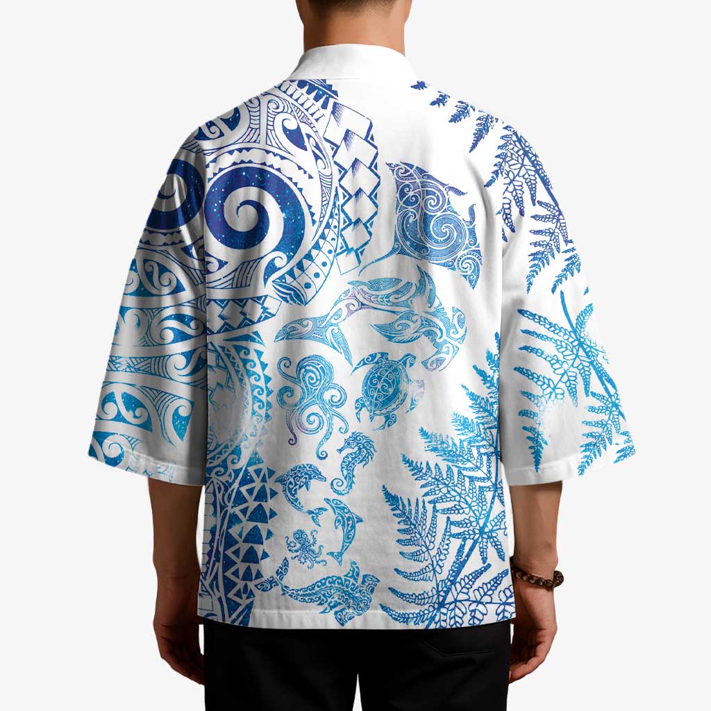 New Zealand Sea Animals Kimono with Maori Koru Tribal Tattoo and Silver Ferns Galaxy Style