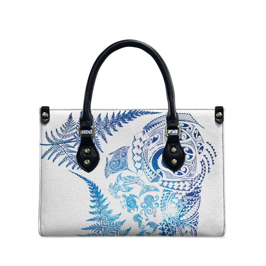New Zealand Sea Animals Leather Bag with Maori Koru Tribal Tattoo and Silver Ferns Galaxy Style