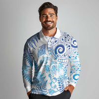 New Zealand Sea Animals Long Sleeve Polo Shirt with Maori Koru Tribal Tattoo and Silver Ferns Galaxy Style