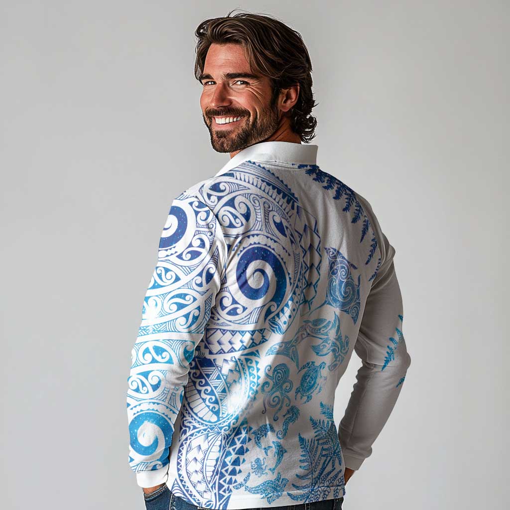 New Zealand Sea Animals Long Sleeve Polo Shirt with Maori Koru Tribal Tattoo and Silver Ferns Galaxy Style