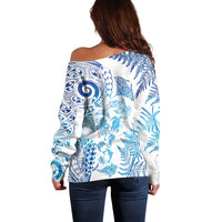 New Zealand Sea Animals Off Shoulder Sweater with Maori Koru Tribal Tattoo and Silver Ferns Galaxy Style
