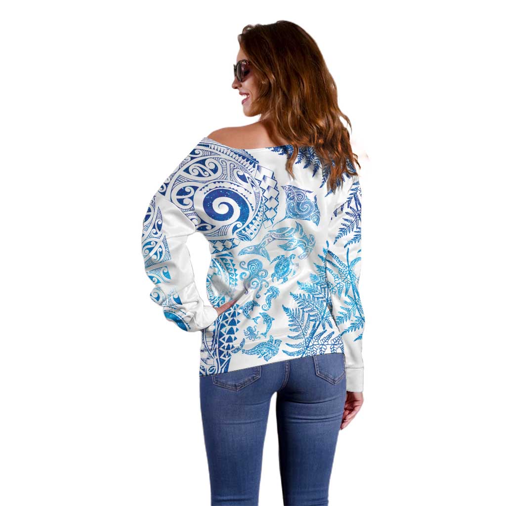 New Zealand Sea Animals Off Shoulder Sweater with Maori Koru Tribal Tattoo and Silver Ferns Galaxy Style