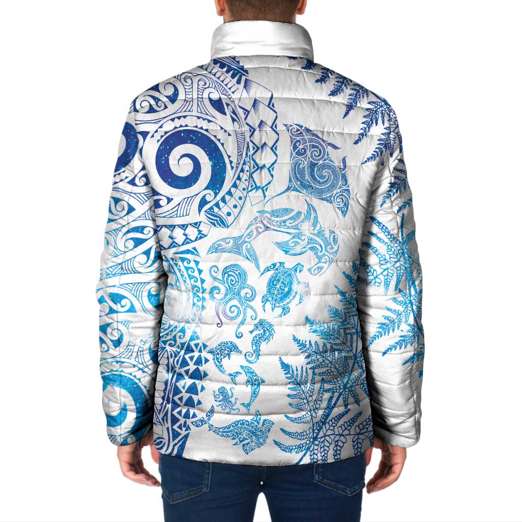 New Zealand Sea Animals Padded Jacket with Maori Koru Tribal Tattoo and Silver Ferns Galaxy Style