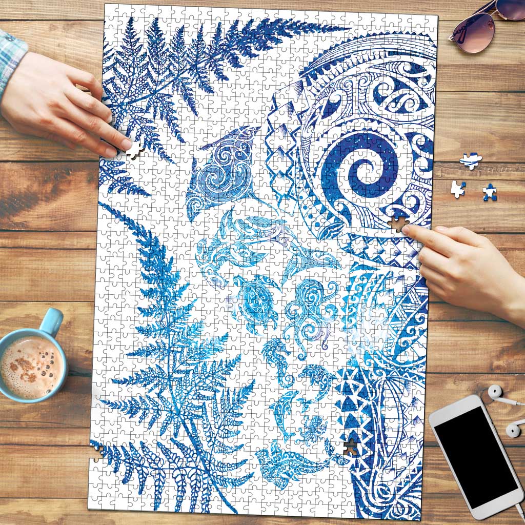 New Zealand Sea Animals Puzzle with Maori Koru Tribal Tattoo and Silver Ferns Galaxy Style