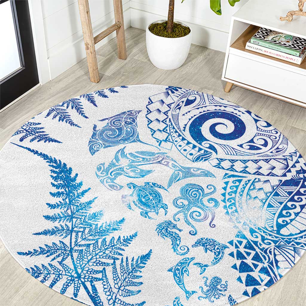 New Zealand Sea Animals Round Carpet with Maori Koru Tribal Tattoo and Silver Ferns Galaxy Style
