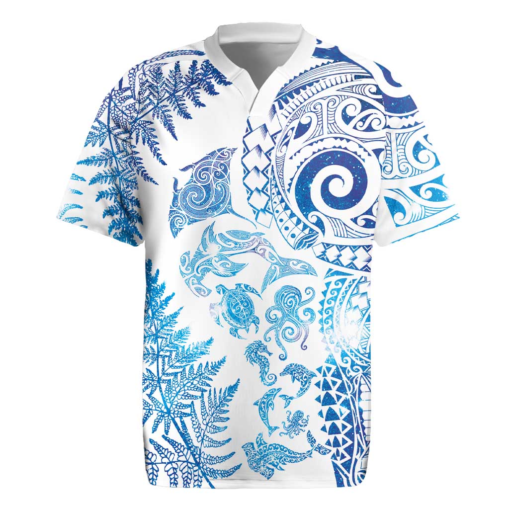 New Zealand Sea Animals Rugby Jersey with Maori Koru Tribal Tattoo and Silver Ferns Galaxy Style