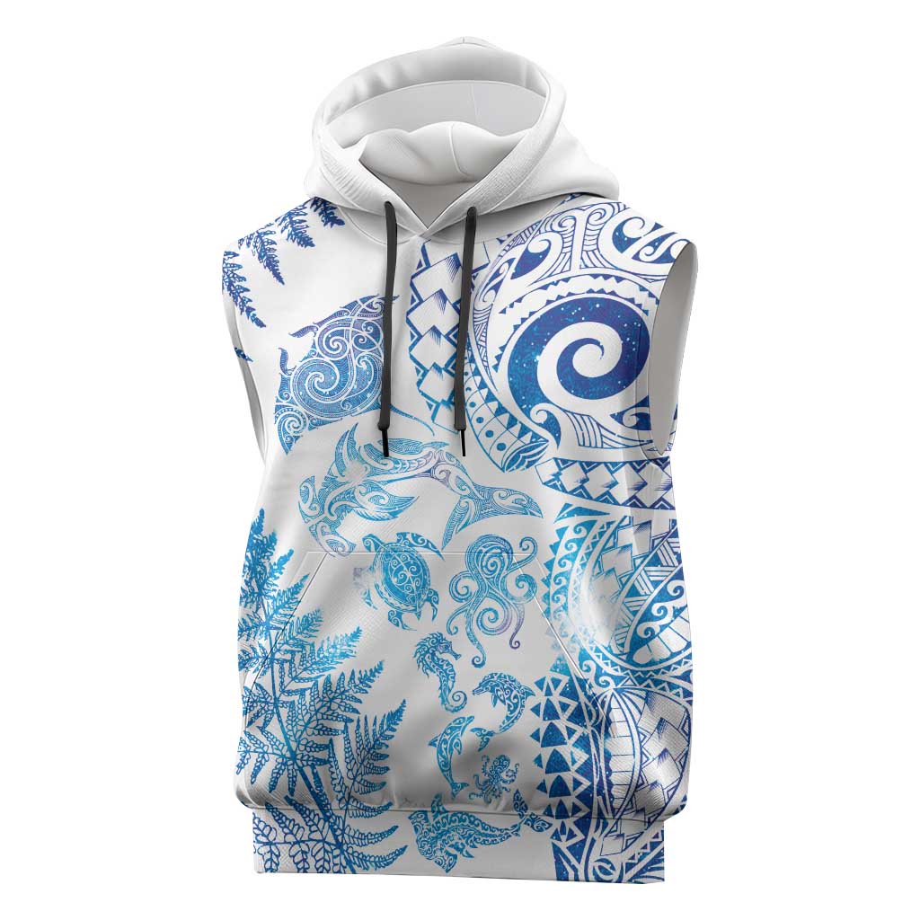 New Zealand Sea Animals Sleeveless Hoodie with Maori Koru Tribal Tattoo and Silver Ferns Galaxy Style