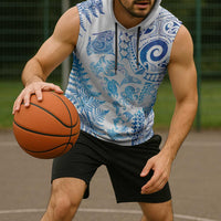 New Zealand Sea Animals Sleeveless Hoodie with Maori Koru Tribal Tattoo and Silver Ferns Galaxy Style