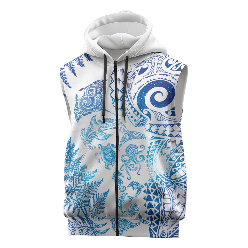 New Zealand Sea Animals Sleeveless Zip Hoodie with Maori Koru Tribal Tattoo and Silver Ferns Galaxy Style