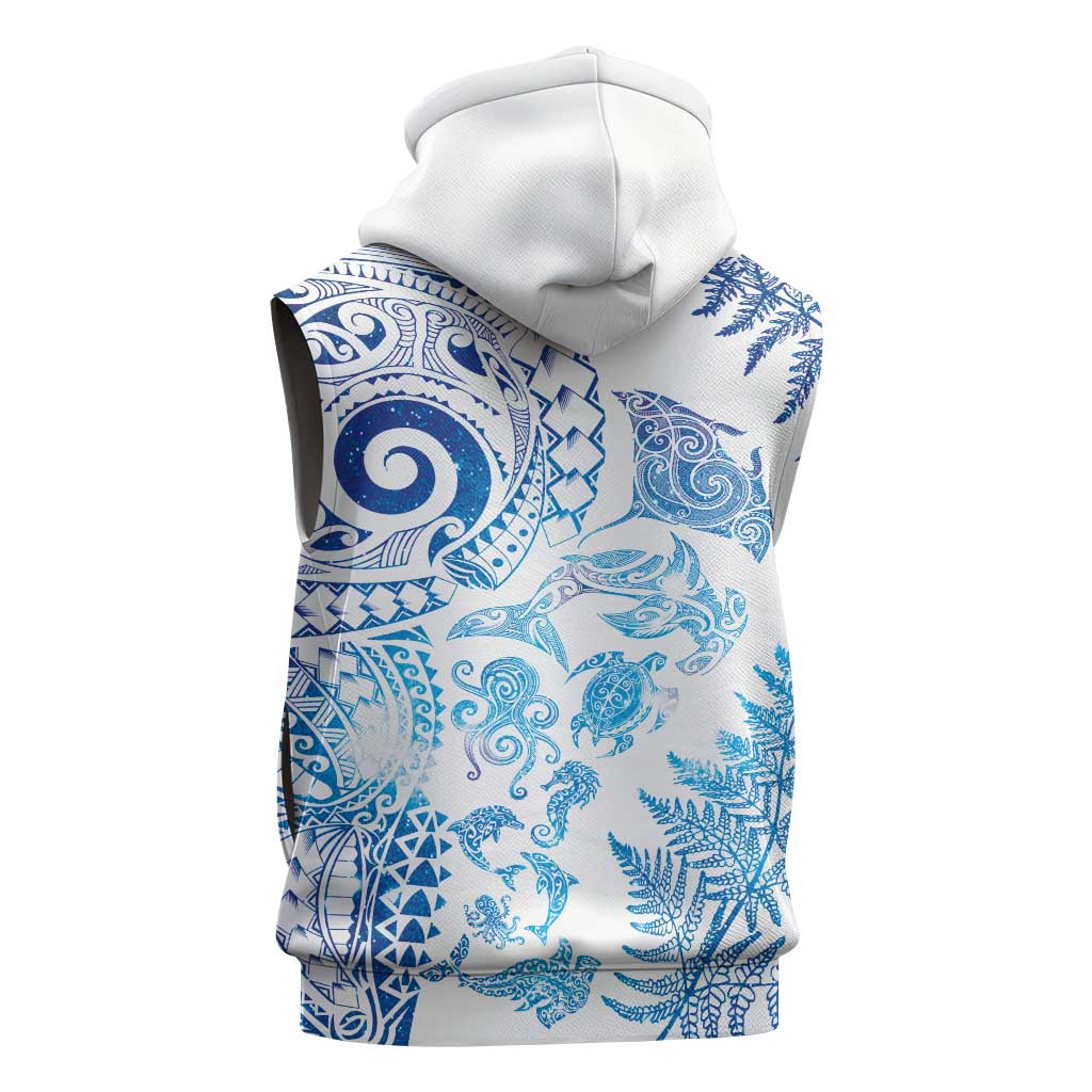New Zealand Sea Animals Sleeveless Zip Hoodie with Maori Koru Tribal Tattoo and Silver Ferns Galaxy Style