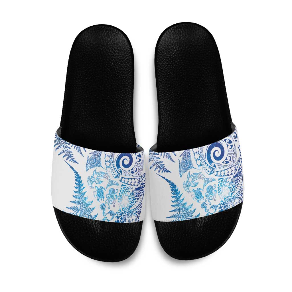 New Zealand Sea Animals Slide Sandals with Maori Koru Tribal Tattoo and Silver Ferns Galaxy Style