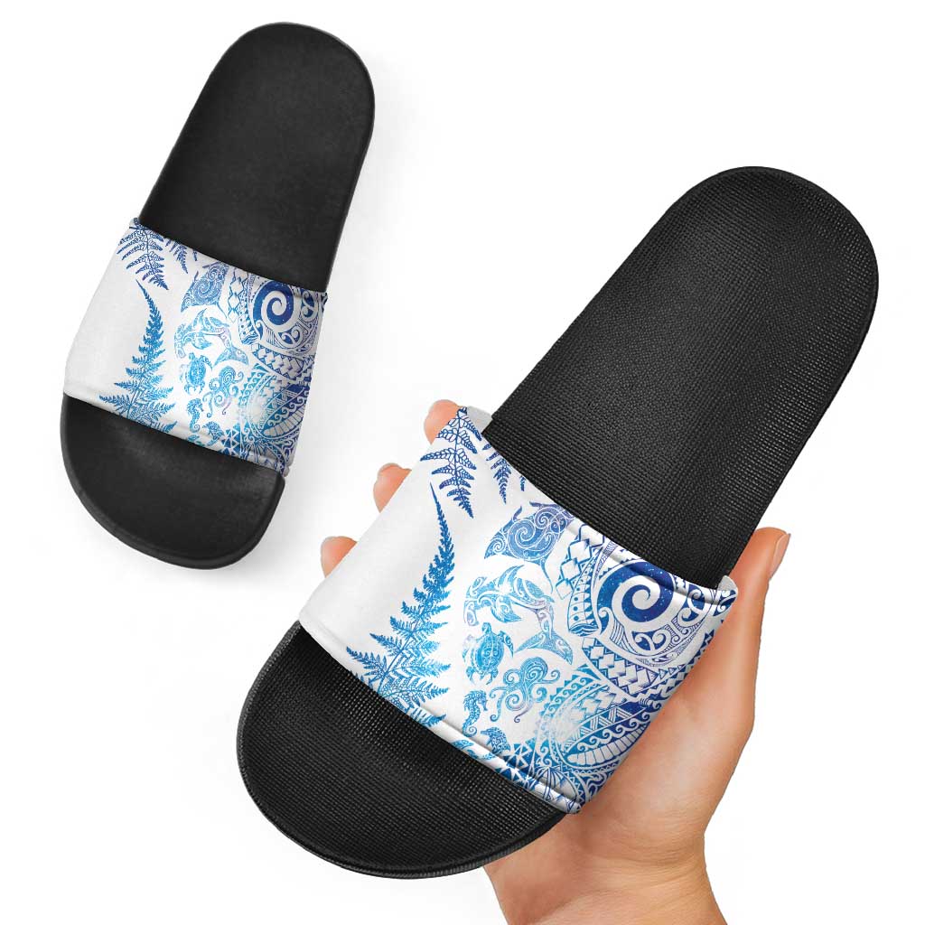 New Zealand Sea Animals Slide Sandals with Maori Koru Tribal Tattoo and Silver Ferns Galaxy Style