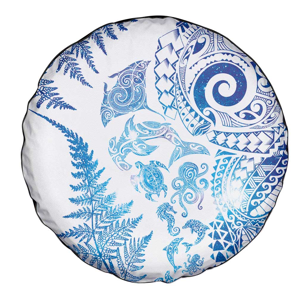 New Zealand Sea Animals Spare Tire Cover with Maori Koru Tribal Tattoo and Silver Ferns Galaxy Style