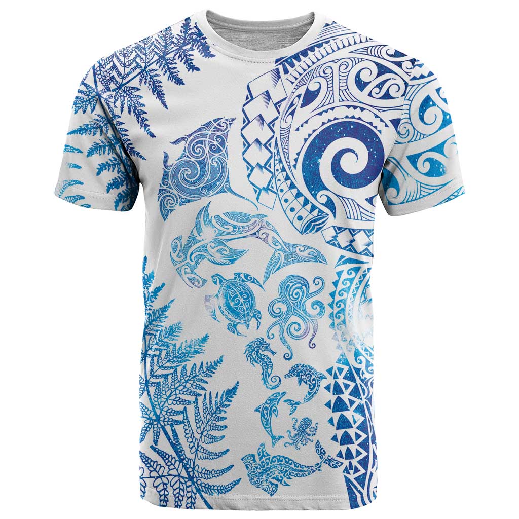 New Zealand Sea Animals T Shirt with Maori Koru Tribal Tattoo and Silver Ferns Galaxy Style