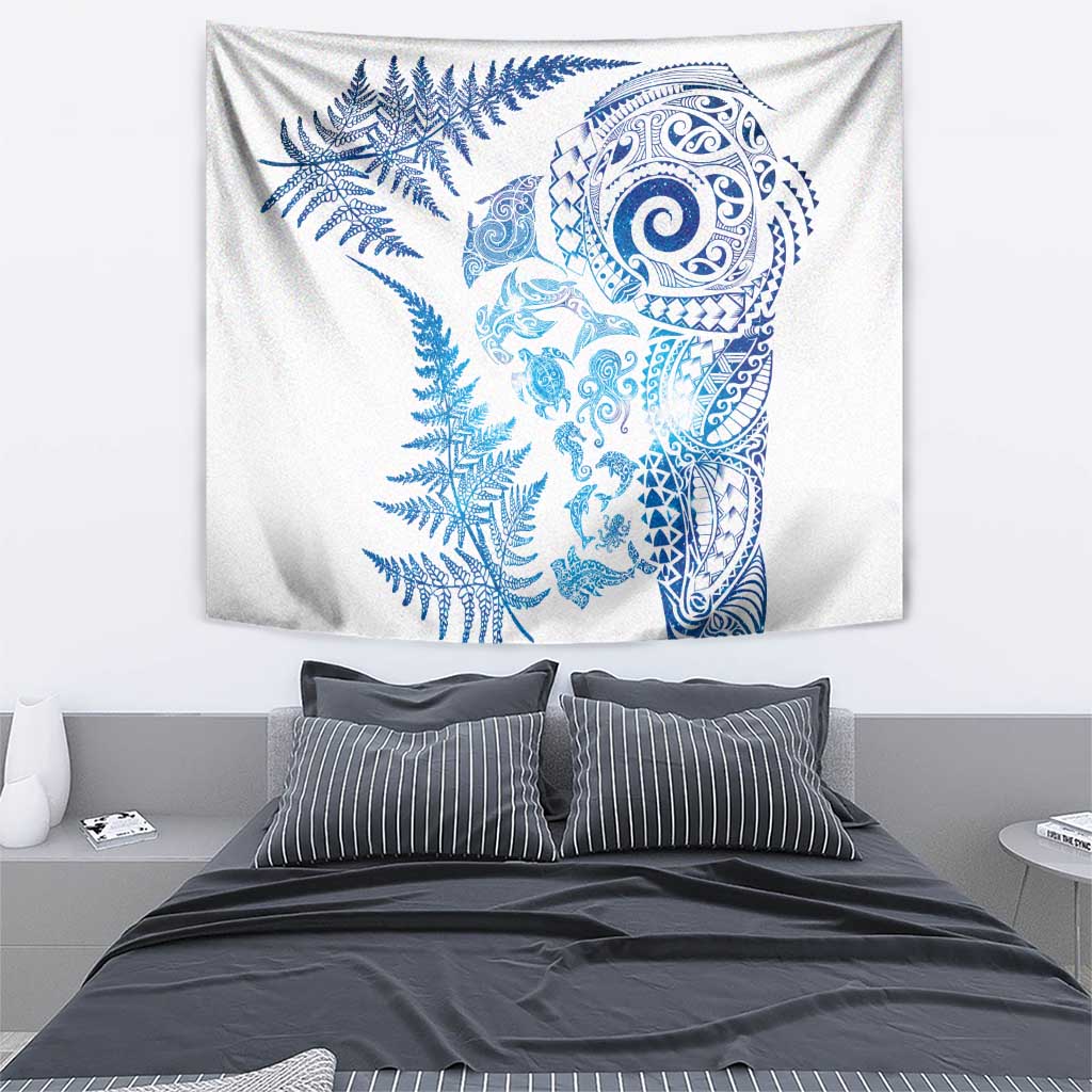 New Zealand Sea Animals Tapestry with Maori Koru Tribal Tattoo and Silver Ferns Galaxy Style