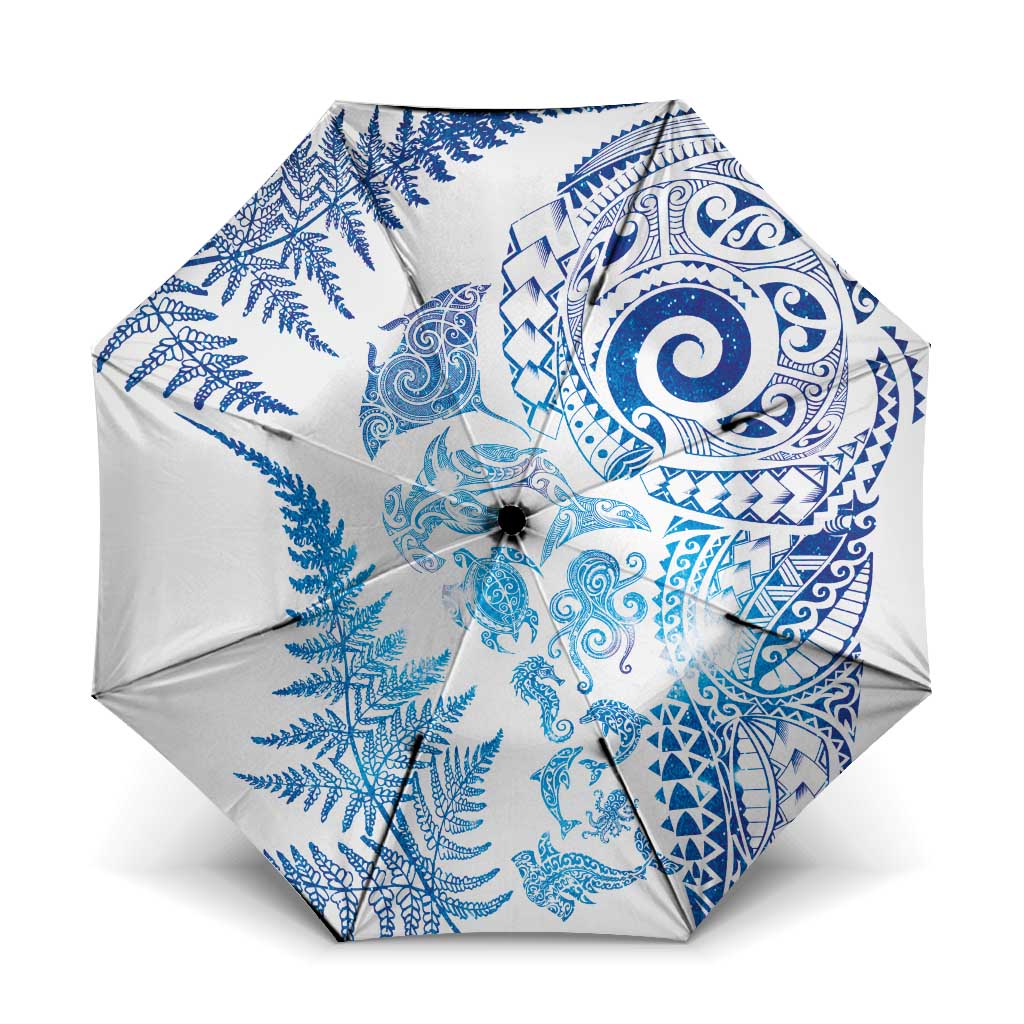 New Zealand Sea Animals Umbrella with Maori Koru Tribal Tattoo and Silver Ferns Galaxy Style