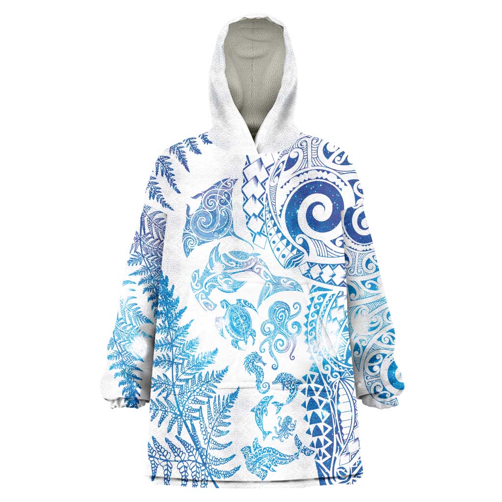 New Zealand Sea Animals Wearable Blanket Hoodie with Maori Koru Tribal Tattoo and Silver Ferns Galaxy Style