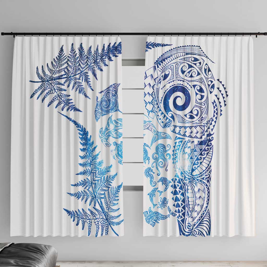 New Zealand Sea Animals Window Curtain with Maori Koru Tribal Tattoo and Silver Ferns Galaxy Style