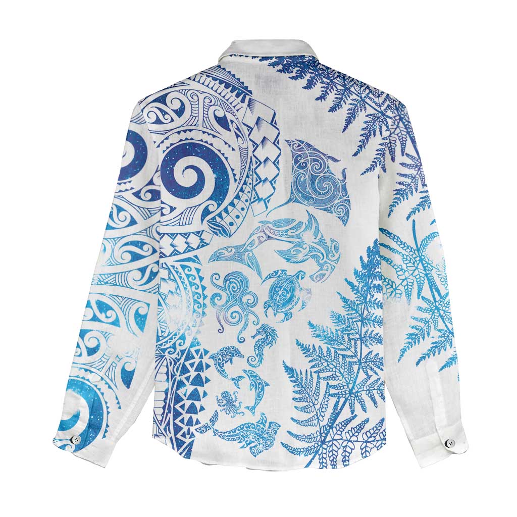 New Zealand Sea Animals Women Casual Shirt with Maori Koru Tribal Tattoo and Silver Ferns Galaxy Style