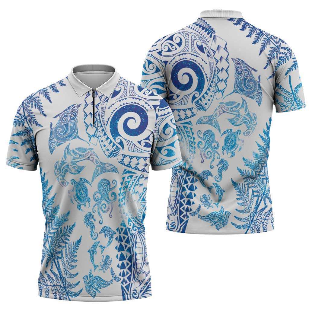 New Zealand Sea Animals Zipper Polo Shirt with Maori Koru Tribal Tattoo and Silver Ferns Galaxy Style