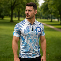 New Zealand Sea Animals Zipper Polo Shirt with Maori Koru Tribal Tattoo and Silver Ferns Galaxy Style