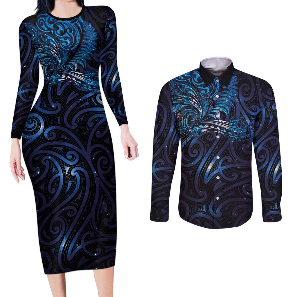 New Zealand New Year-Matariki Couples Matching Long Sleeve Bodycon Dress and Long Sleeve Button Shirt Aotearoa Maori Tattoo Galaxy Sky