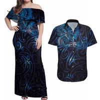 New Zealand New Year-Matariki Couples Matching Off Shoulder Maxi Dress and Hawaiian Shirt Aotearoa Maori Tattoo Galaxy Sky