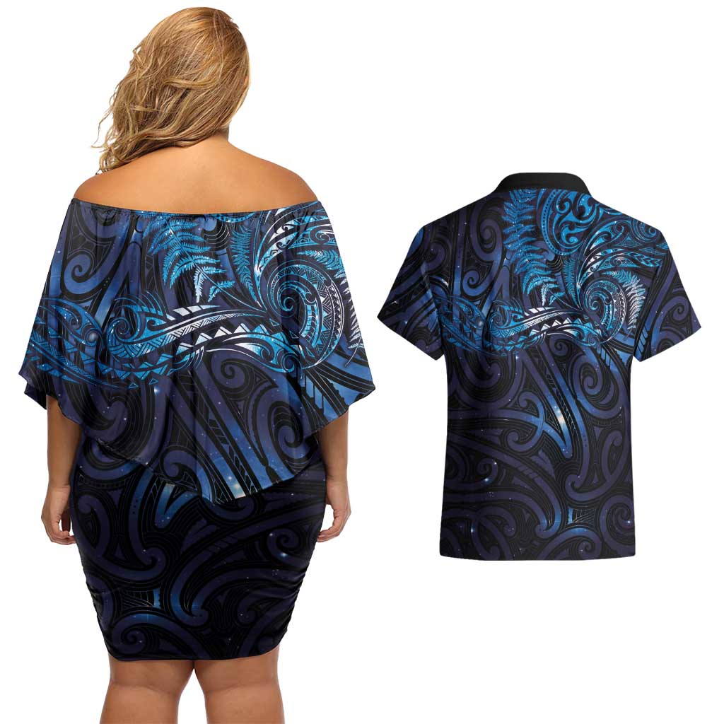 New Zealand New Year-Matariki Couples Matching Off Shoulder Short Dress and Hawaiian Shirt Aotearoa Maori Tattoo Galaxy Sky