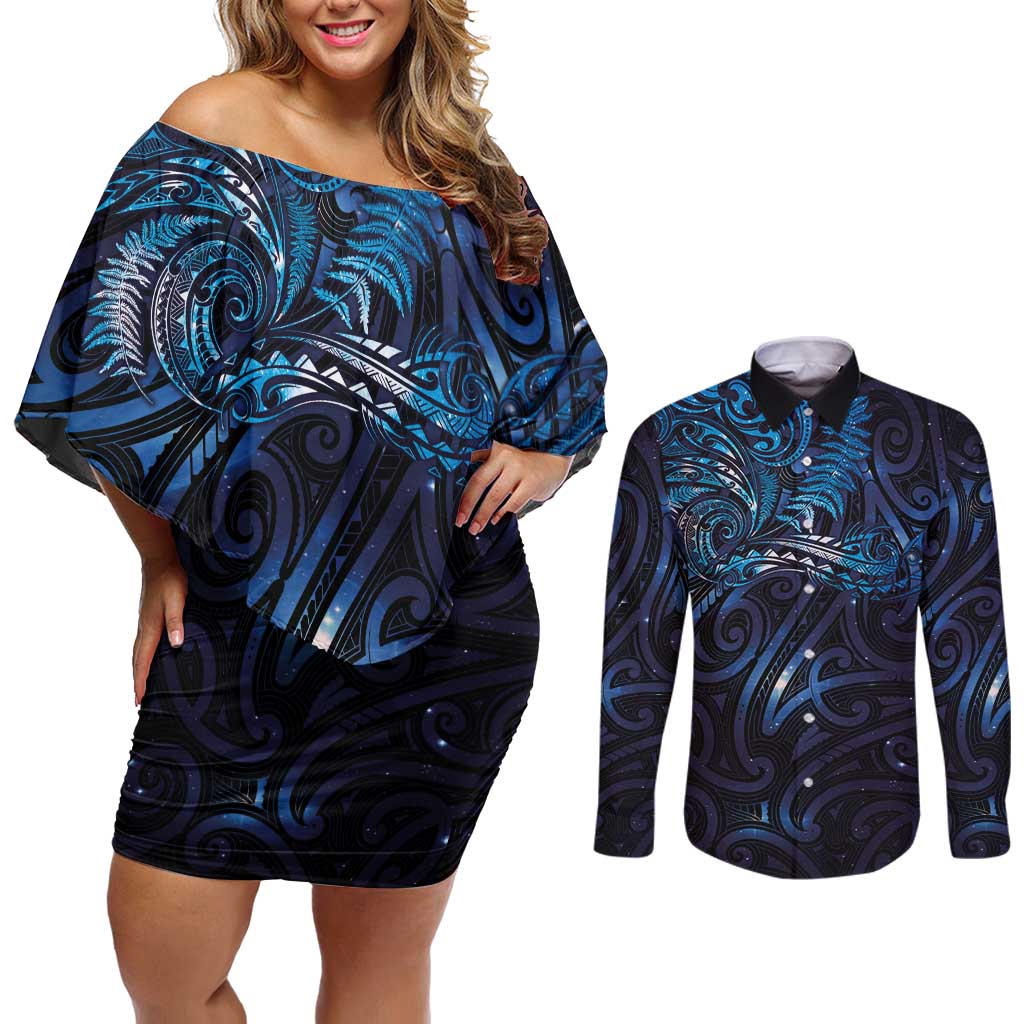 New Zealand New Year-Matariki Couples Matching Off Shoulder Short Dress and Long Sleeve Button Shirt Aotearoa Maori Tattoo Galaxy Sky