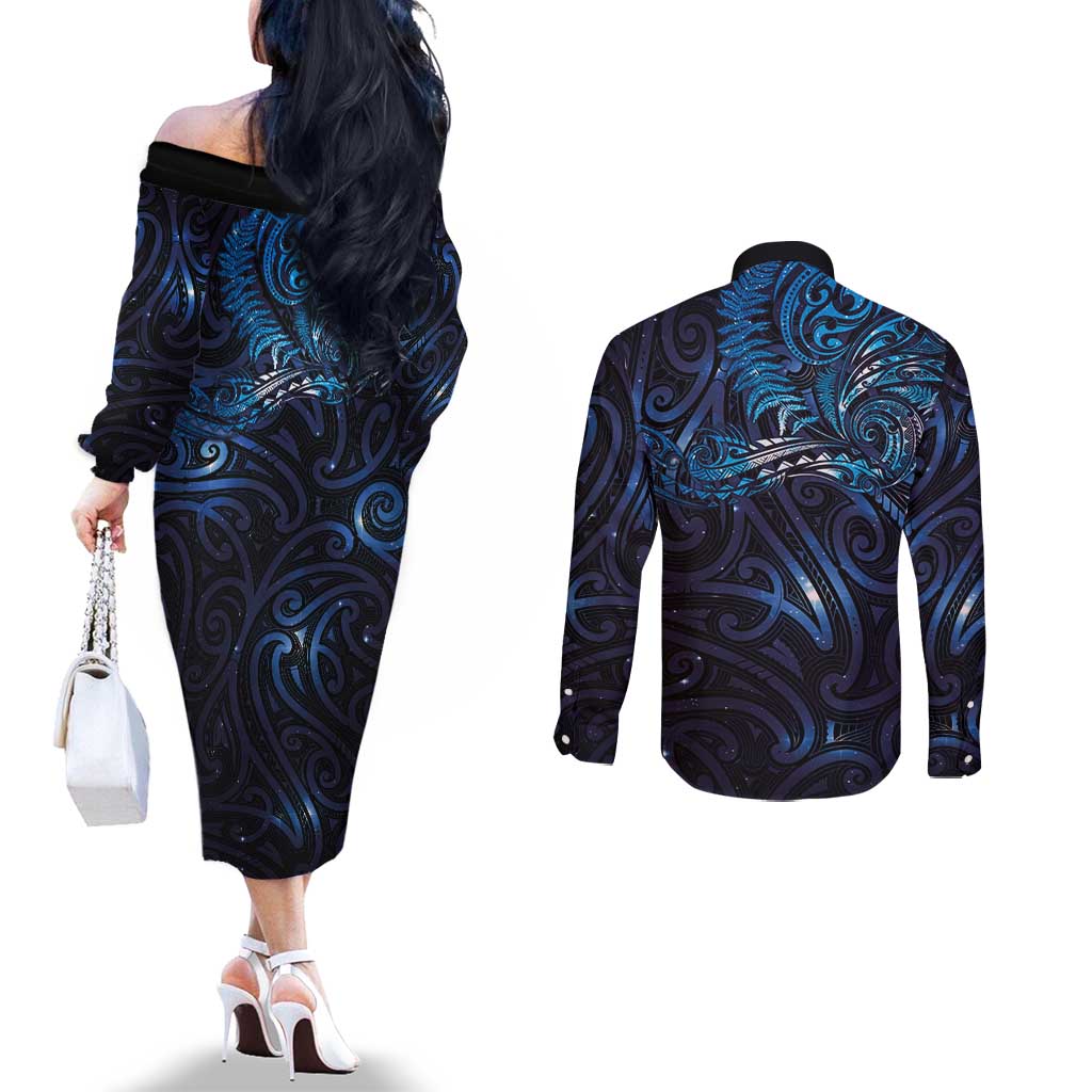 New Zealand New Year-Matariki Couples Matching Off The Shoulder Long Sleeve Dress and Long Sleeve Button Shirt Aotearoa Maori Tattoo Galaxy Sky
