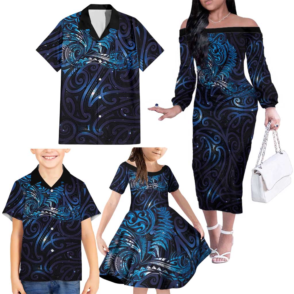 New Zealand New Year-Matariki Family Matching Off The Shoulder Long Sleeve Dress and Hawaiian Shirt Aotearoa Maori Tattoo Galaxy Sky LT03 - Polynesian Pride
