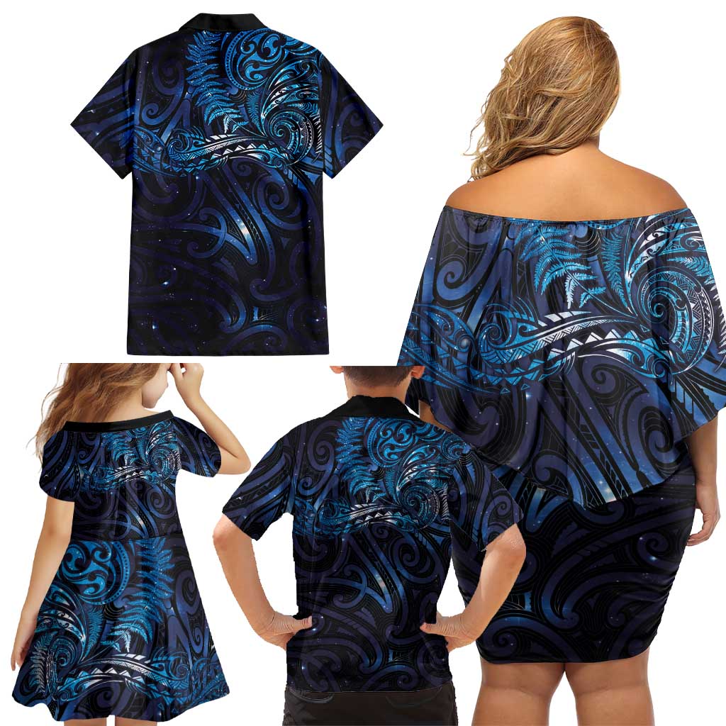 New Zealand New Year-Matariki Family Matching Off Shoulder Short Dress and Hawaiian Shirt Aotearoa Maori Tattoo Galaxy Sky