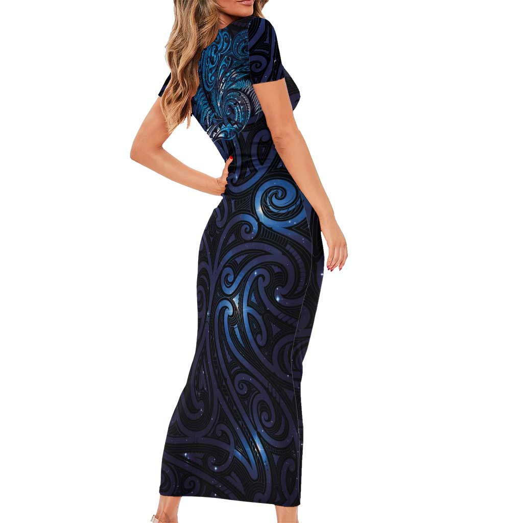 New Zealand New Year-Matariki Family Matching Short Sleeve Bodycon Dress and Hawaiian Shirt Aotearoa Maori Tattoo Galaxy Sky
