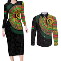 Vanuatu Tribal Tattoo with Namele Leaves Couples Matching Long Sleeve Bodycon Dress and Long Sleeve Button Shirt
