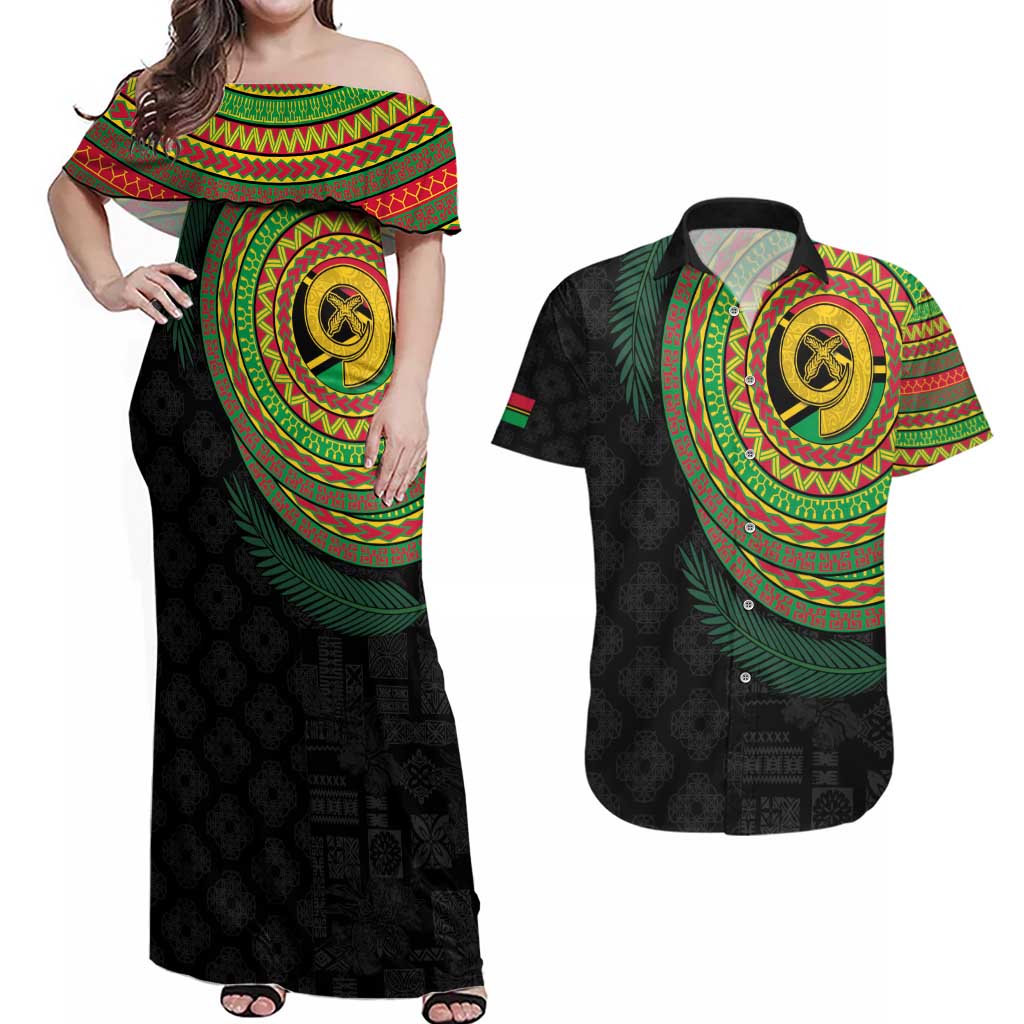 Vanuatu Tribal Tattoo with Namele Leaves Couples Matching Off Shoulder Maxi Dress and Hawaiian Shirt