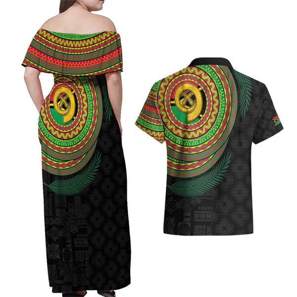 Vanuatu Sanma Province Couples Matching Summer Maxi Dress and Hawaiian Shirt Coat Of Arms And Namele Fern Polynesian Pattern LT05