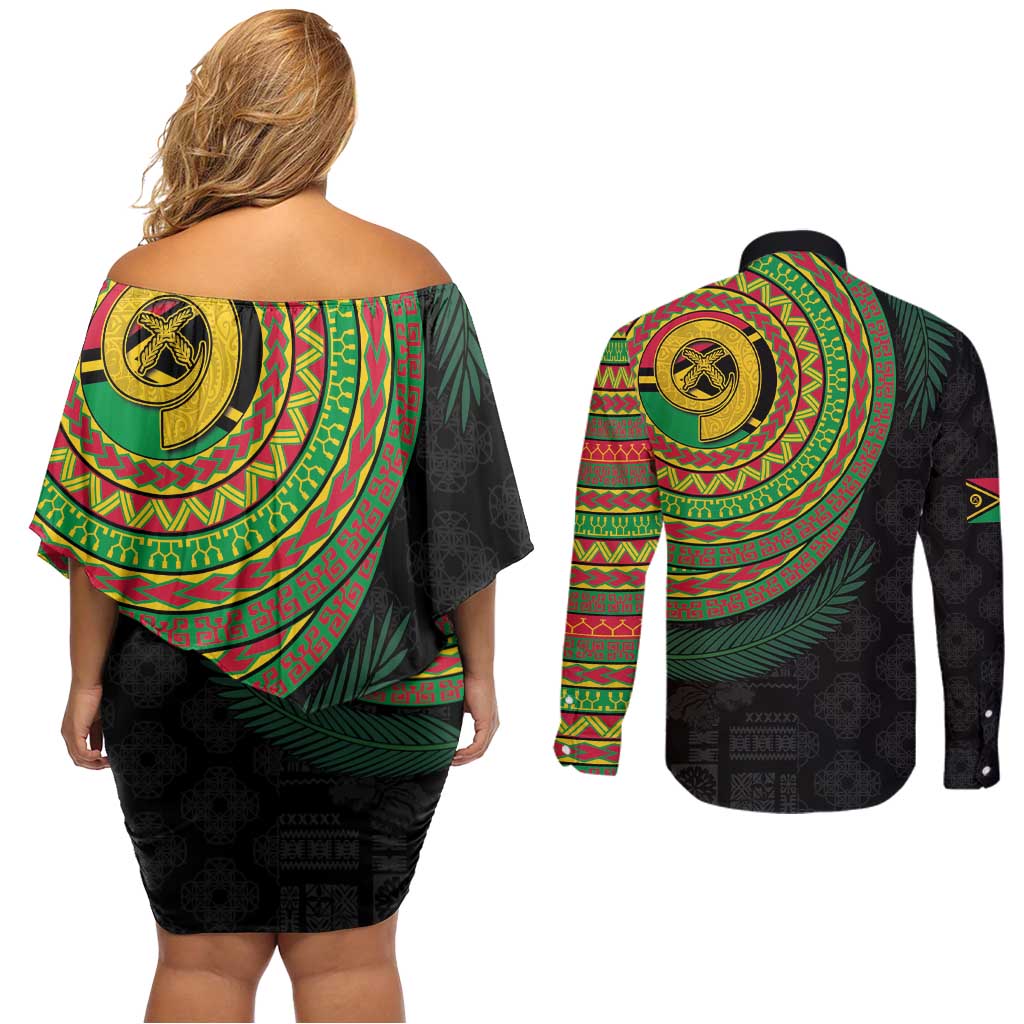 Vanuatu Tribal Tattoo with Namele Leaves Couples Matching Off Shoulder Short Dress and Long Sleeve Button Shirt