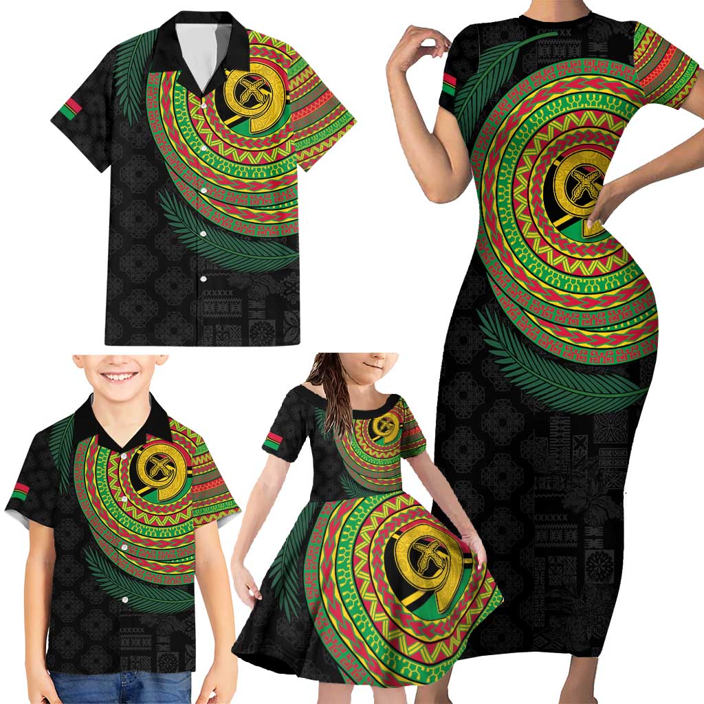 Vanuatu Tribal Tattoo with Namele Leaves Family Matching Short Sleeve Bodycon Dress and Hawaiian Shirt