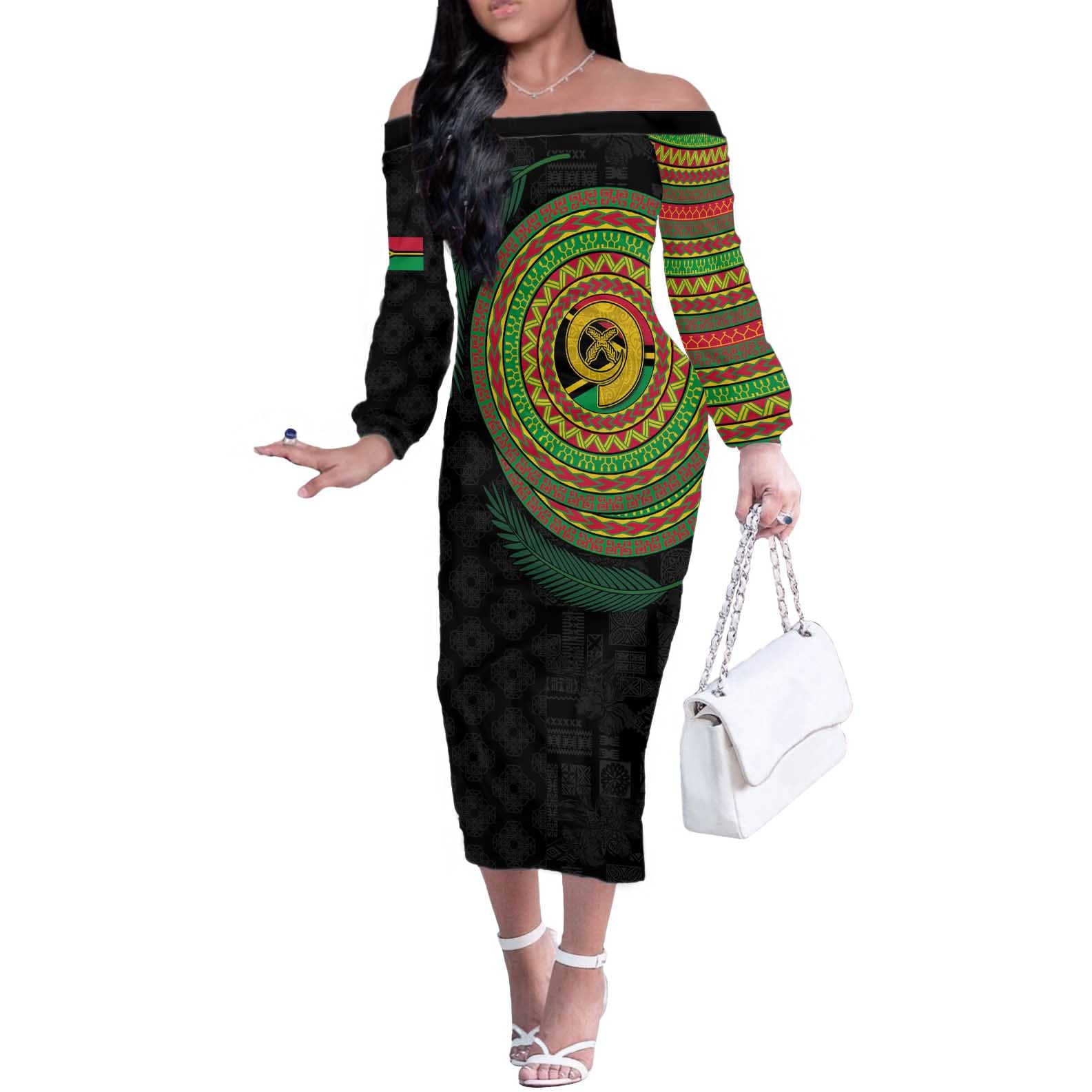 Vanuatu Tribal Tattoo with Namele Leaves Off The Shoulder Long Sleeve Dress