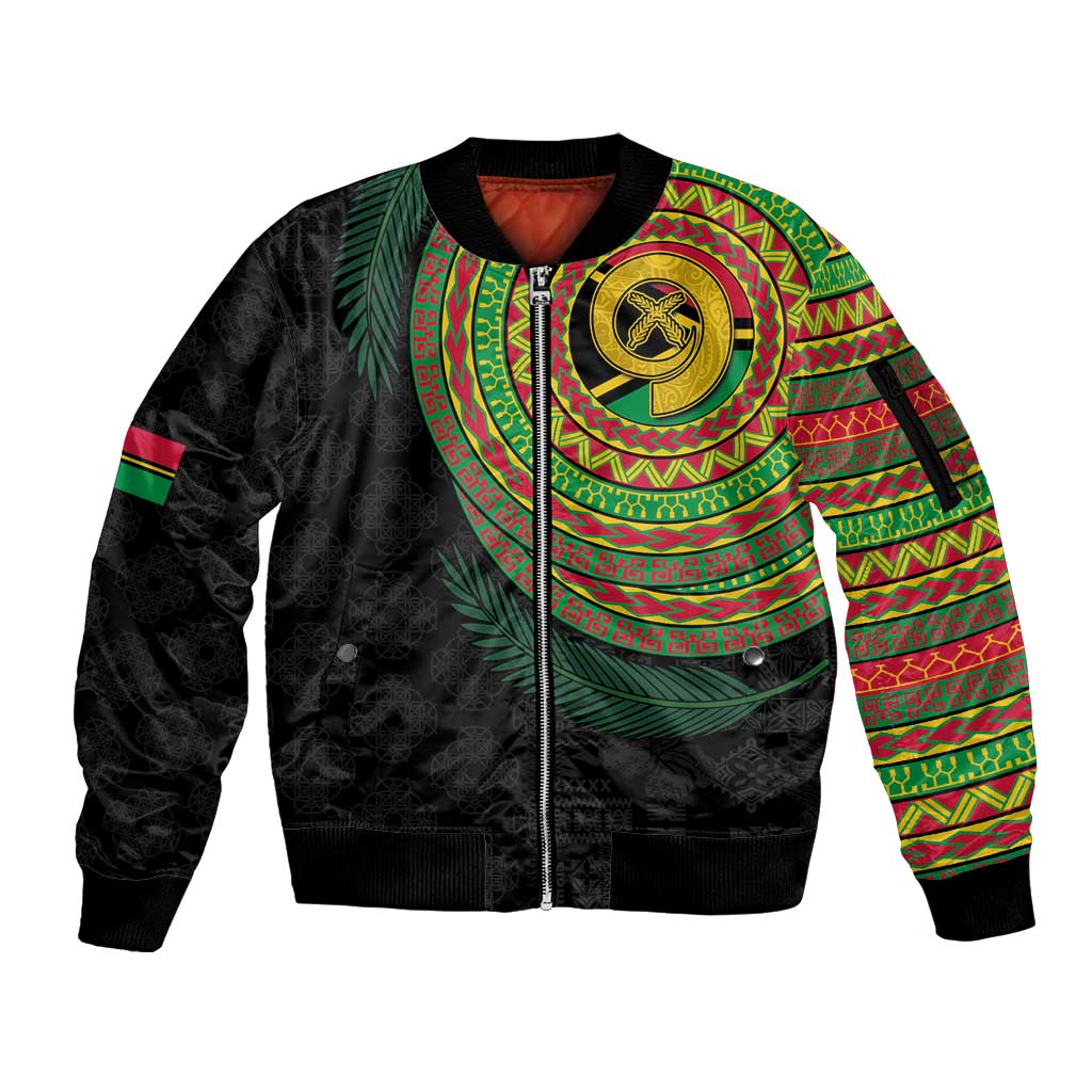 Vanuatu Tribal Tattoo with Namele Leaves Sleeve Zip Bomber Jacket LT03 Unisex Black - Polynesian Pride