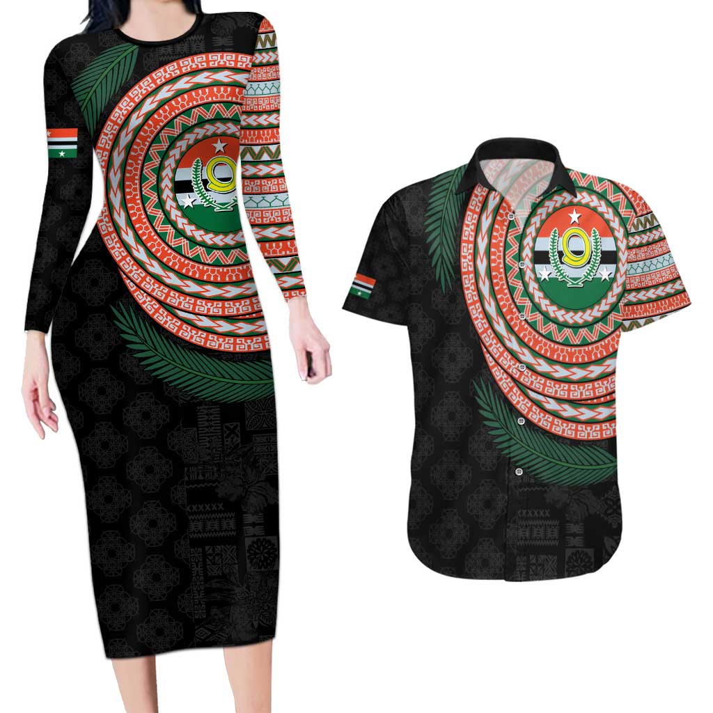 Penama Tribal Tattoo with Namele Leaves Couples Matching Long Sleeve Bodycon Dress and Hawaiian Shirt