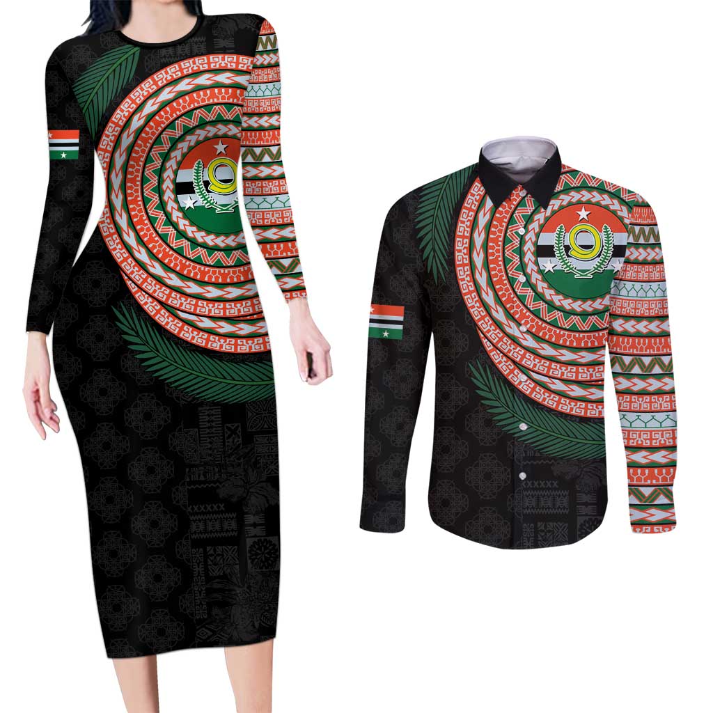 Penama Tribal Tattoo with Namele Leaves Couples Matching Long Sleeve Bodycon Dress and Long Sleeve Button Shirt