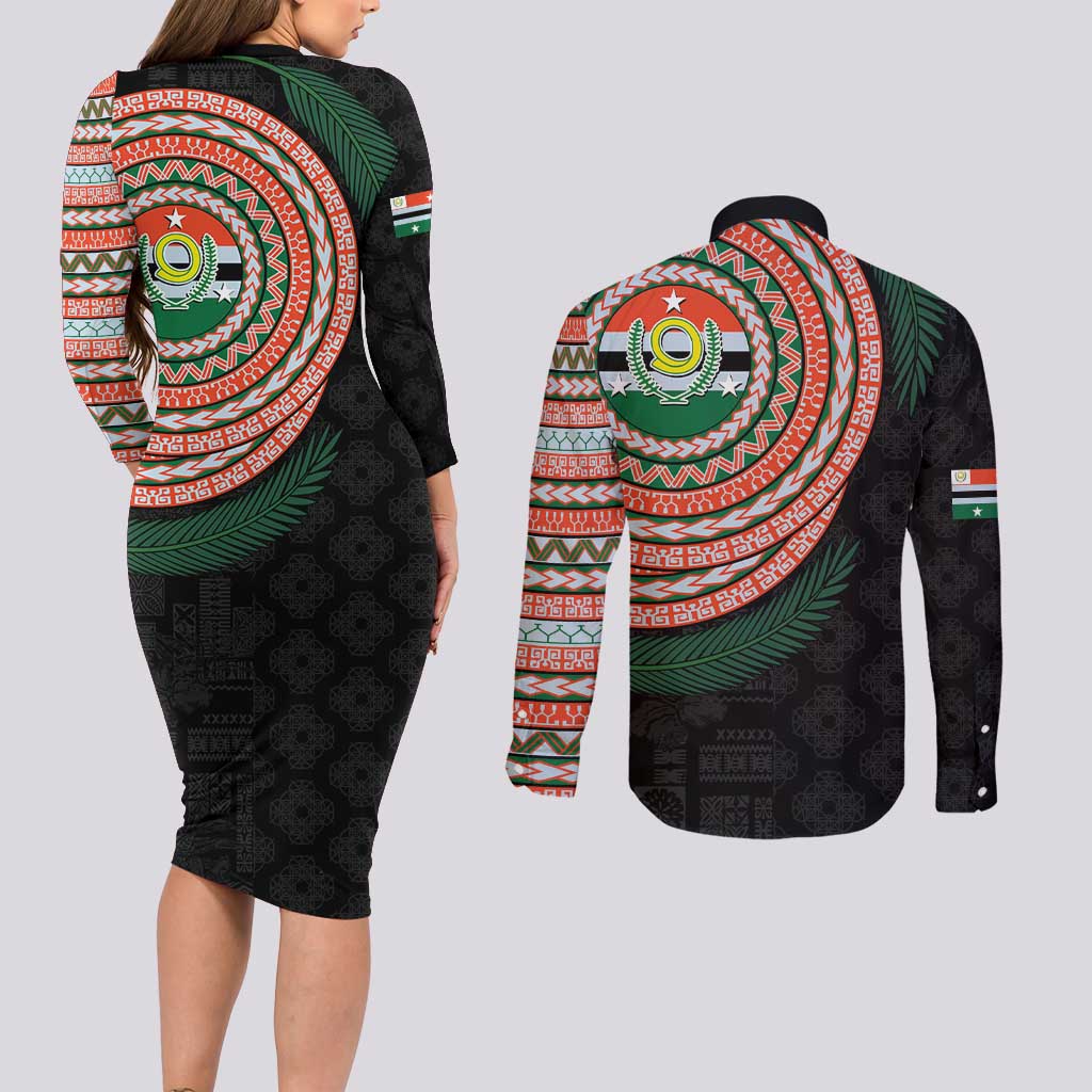 Penama Tribal Tattoo with Namele Leaves Couples Matching Long Sleeve Bodycon Dress and Long Sleeve Button Shirt