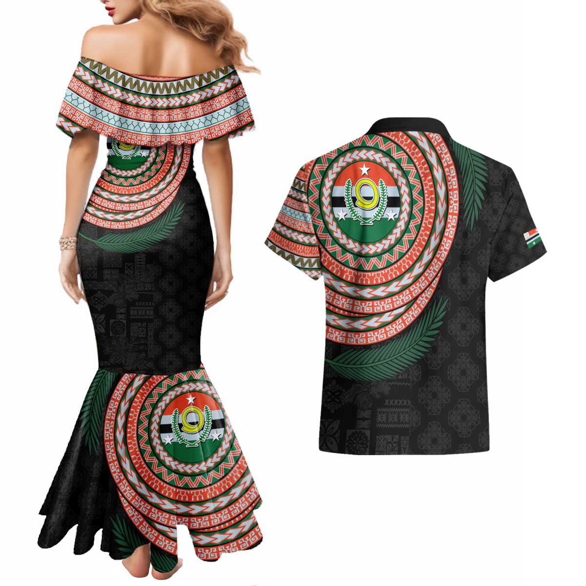 Penama Tribal Tattoo with Namele Leaves Couples Matching Mermaid Dress and Hawaiian Shirt
